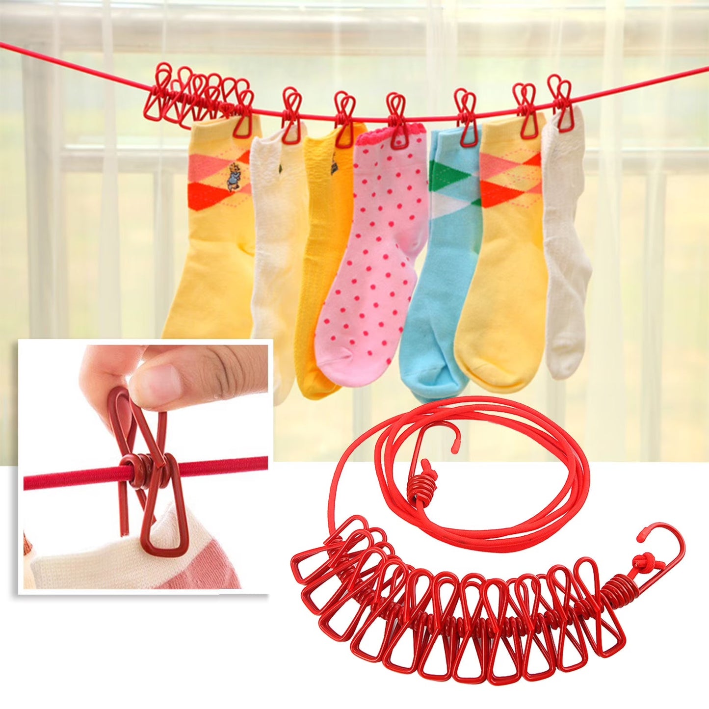 Portable Outdoor Clothesline with 12 Clips