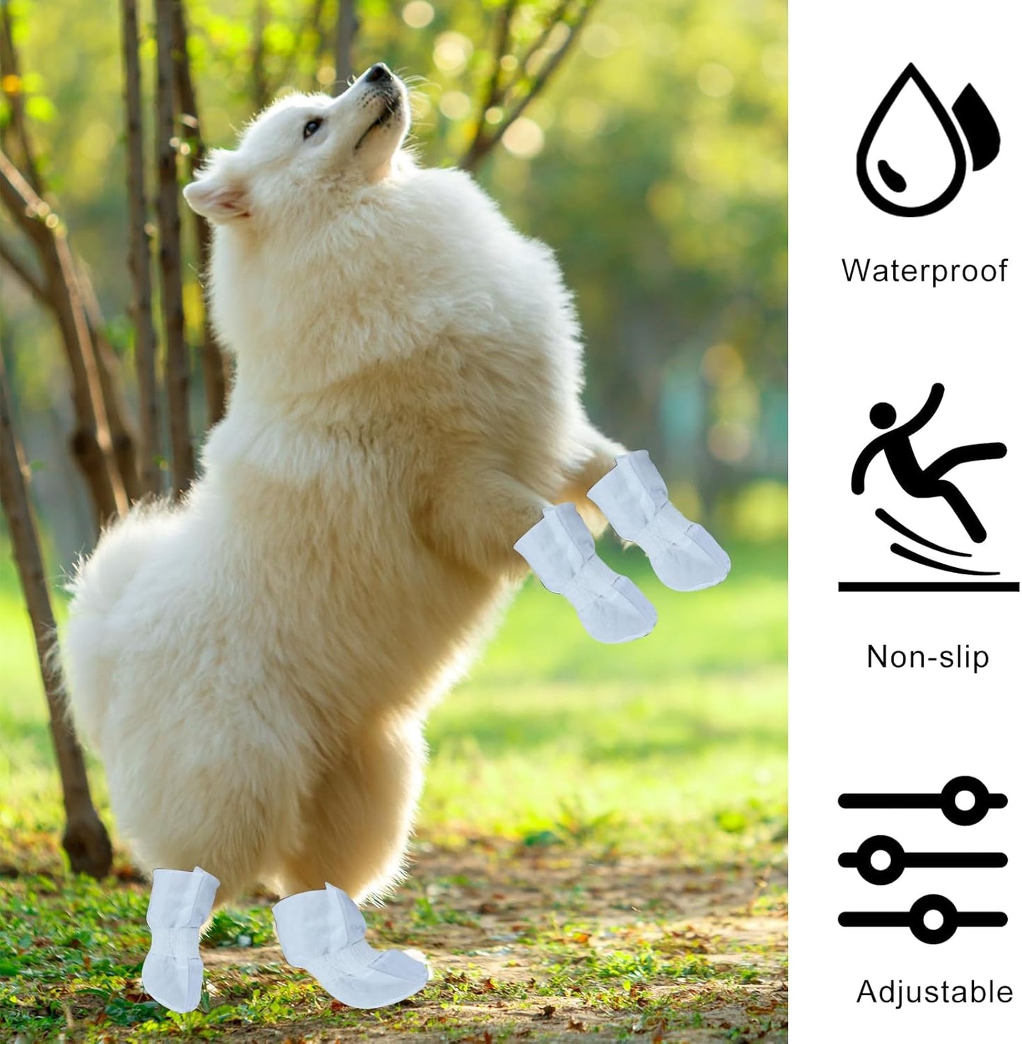 Disposable dog paw protectors, 4 pieces per pack, with adjustable self-adhesive tape.