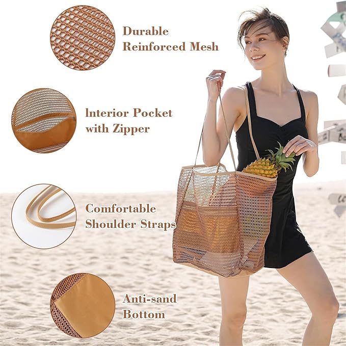 Nylon Mesh Beach Tote Bag for Travel & Vacation
