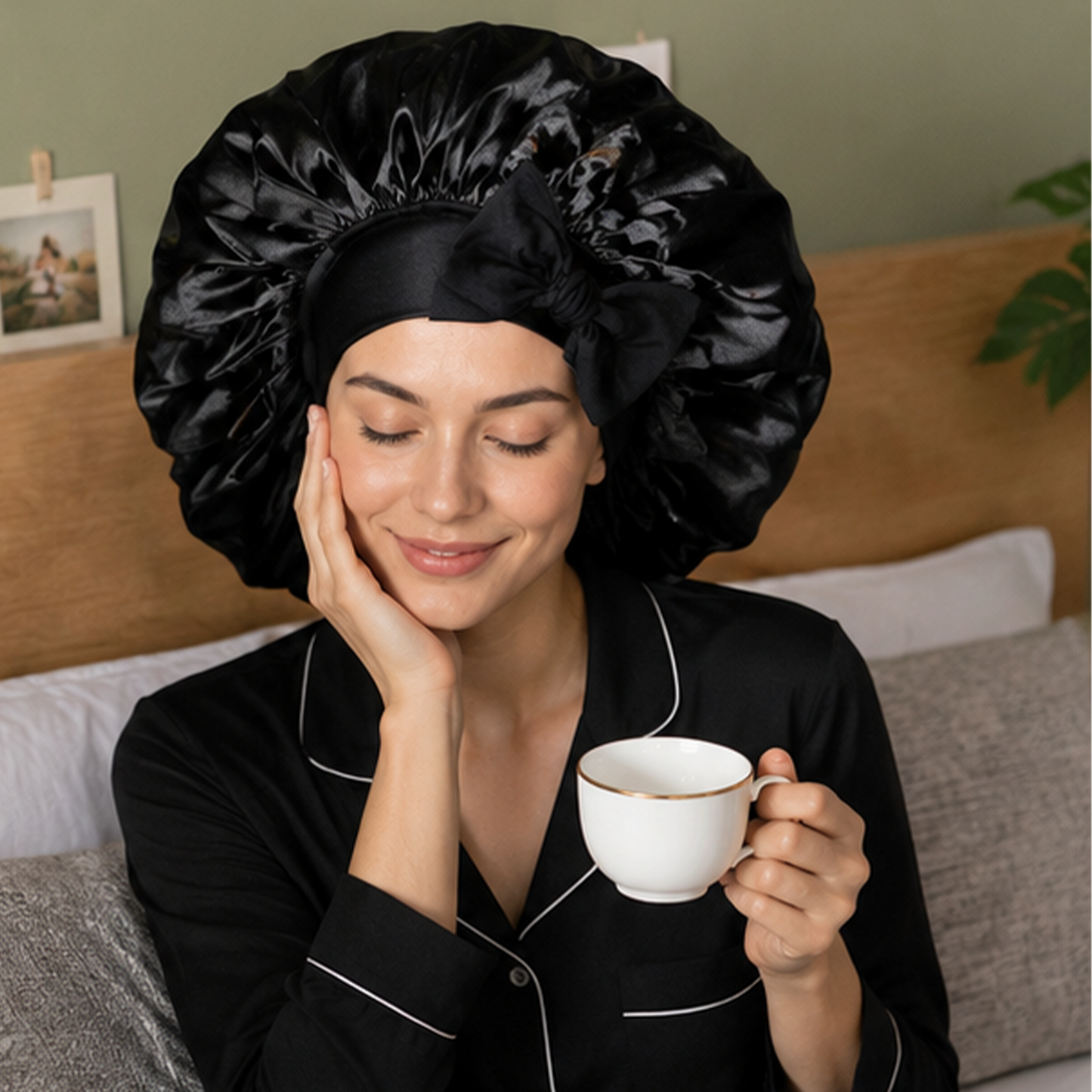 Oversized tie-strap sleep cap