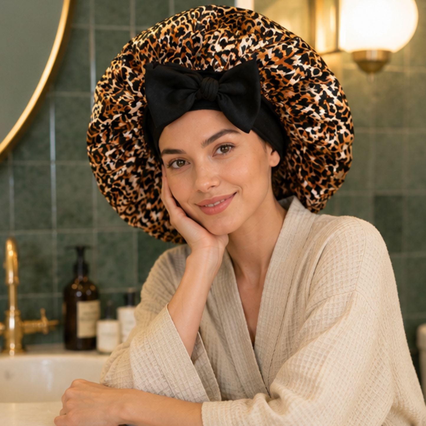 Oversized tie-strap sleep cap